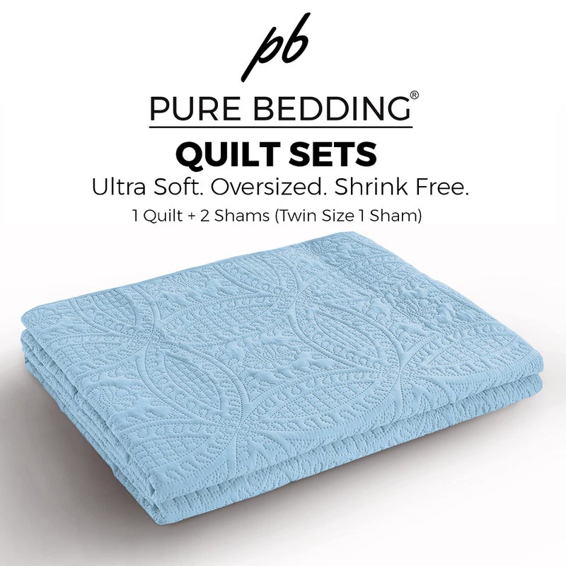 Pure Bedding Quilt Set King/California King Size Sky Blue - Oversized Bedspread - Soft Microfiber Lightweight Coverlet for All Season - 3 Piece Includes 1 Quilt and 2 Shams, Geometric Pattern - Image 5